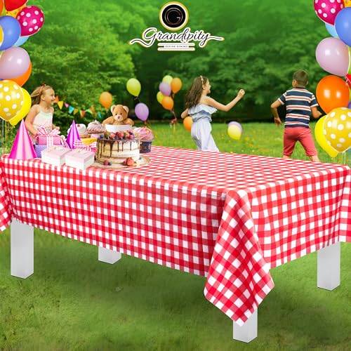 Image of Grandipity Plastic Table Cloth Disposable 12 Pack 54 inch x 108 inch Rectangle | Red Gingham Plastic table covers, durable disposable tablecloths, fade and tear-resistent table cover for party, event