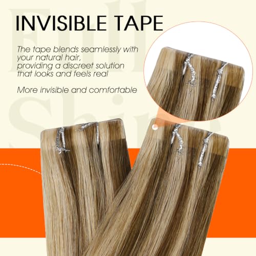 Image of Full Shine Injected Tape in Hair Extensions Human Hair, Brown Honey 16 Inch