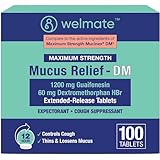 WELMATE Maximum Strength Mucus Relief DM - 1200mg Guaifenesin & 60mg DXM, 12-Hr Cough Suppressant & Expectorant, Bi-Layer Tablets, Chest Congestion Relief, Thins & Loosens Mucus - 100 Ct