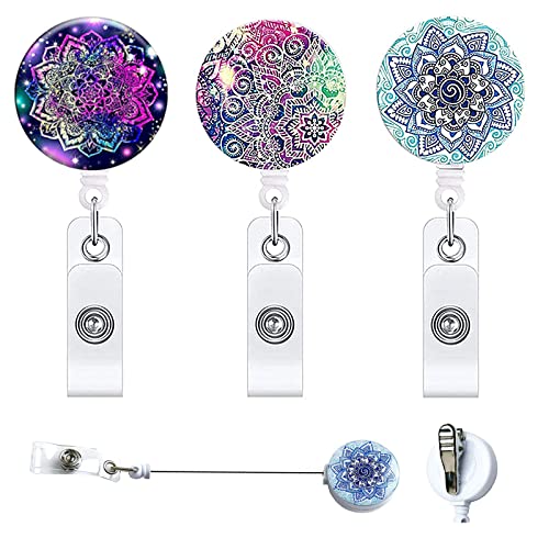 Porte Badge Rétractable Clip 3 Pièces Bobine Badge Identification Clip De Ceinture Rétractable Mandala Badge Reel Porte Badge D'identification Rétractable Clip Décoratif Pour Bobine De Badge Cover