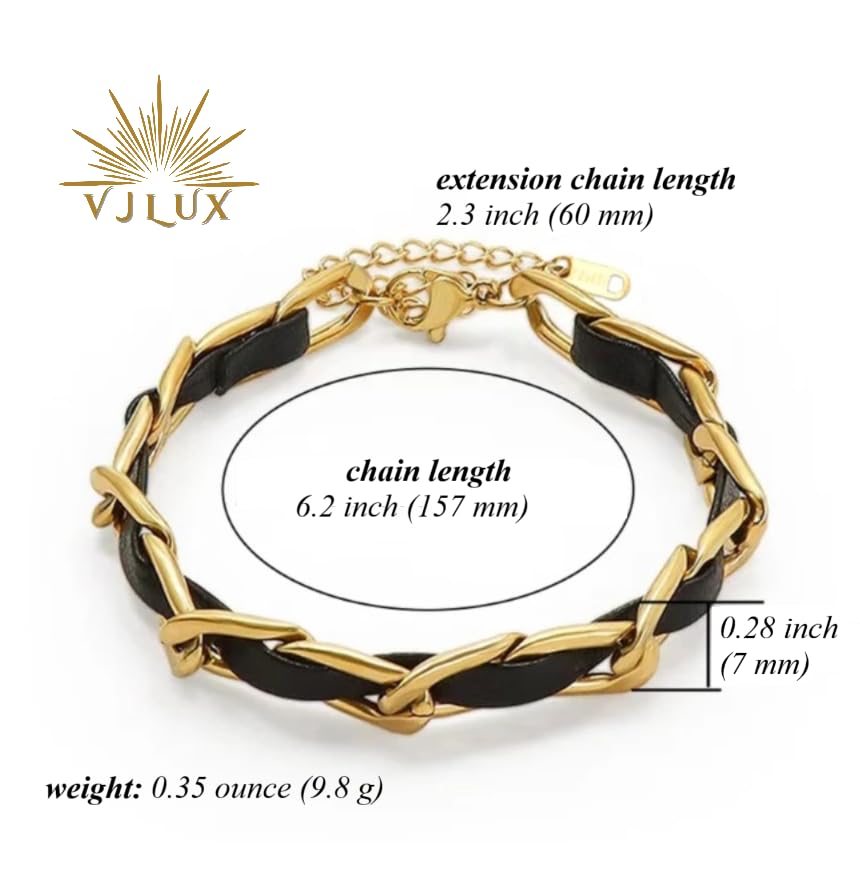 Gold Bracelet for Women, 18K Gold Plated Trendy Bracelet with a Leather Braiding, Small Size 6.2 + 2.3 inches in Length, Presented in a Beautiful Gift Box2