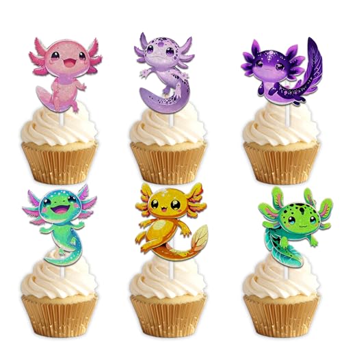 18pcs Colorful Glitter Dessert Cupcake Topper Pick for Cartoon Cute Axolotl Theme Decorations Baby Shower Girls Boys Happy Birthday Party Decor Supplies
