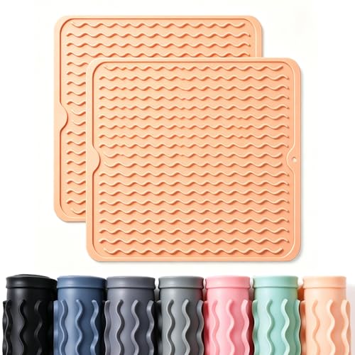 Image of 2 Pack Caketime Silicone Dish Drying Mat for Kitchen Counter Waterproof Place mats Sink Protector Stove Top Organizer Cooking Appliance Storage Vanity Trays Dryer Rack Drainers Items 12 inchx12 inch Beige