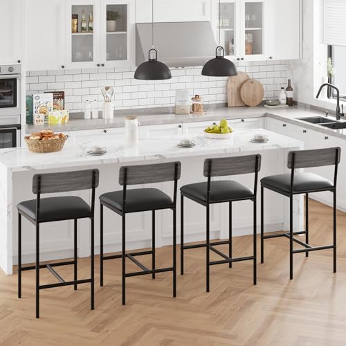 Image of Garvee Bar Stools Set of 4, Upholstered Counter Height Bar Stool with Backrest and Footrest, Wider Seat, Kitchen Barstools for Kitchen Island, Dining Room, Easy Assembly, Retro Gray