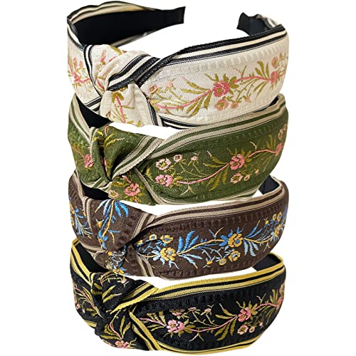 Jseng 4Pc Handmade Vintage Braid Headband Embroidery Cloth Cross Knot Elastic Hair Hoop Sweet Wide Hairband For Women Girls #TOP1