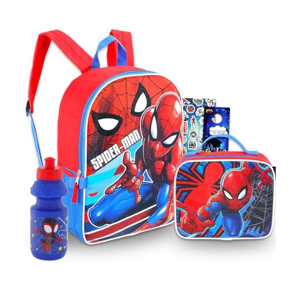 Marvel Spiderman Backpack with Lunch Box Set - 5 Pc Bundle of 15" School Bag for Kids, Lunch Bag, Stickers, More Spiderman School Supplies