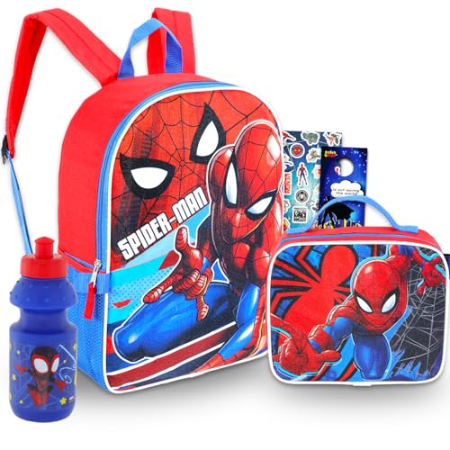 Marvel Spiderman Backpack with Lunch Box Set - 5 Pc Bundle of 15' School Bag for Kids, Lunch Bag, Stickers, More Spiderman School Supplies