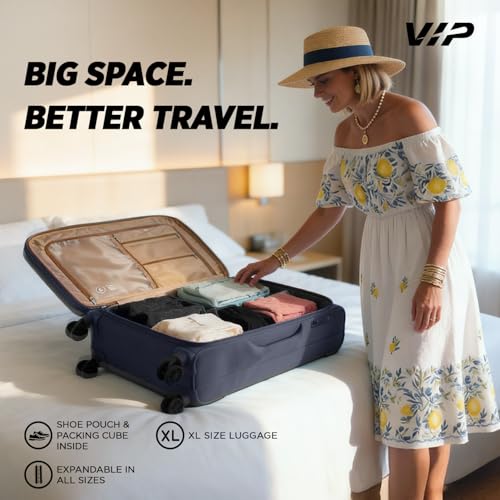 Image of VIP Grande 8 Wheel Check-in (Medium Size) Soft Case Trolley Bag | TSA Lock | Expandable Polyester Luggage | 3 Year International Warranty | Anti-Theft Zipper | 70 CM Suitcase for Travel | Black