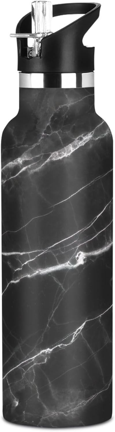 Kids Water Bottle with Straw for School Leakproof Kids Insulated Water Bottle 20oz, BPA-Free, Black Marble