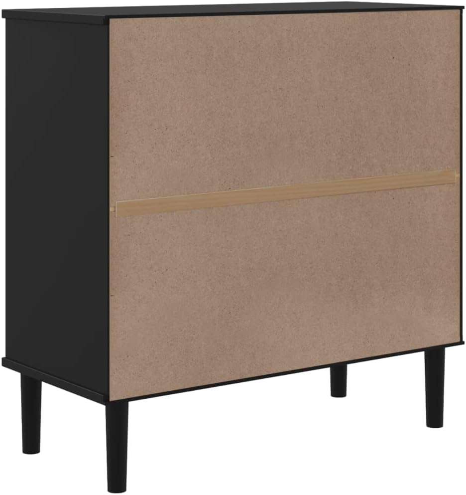 Modern Sideboard Black Solid Pine Wood Engineered Wood Poly Rattan Storage Unit with 2 Shelves 2 Compartments for Dining Room Living Room Hallway