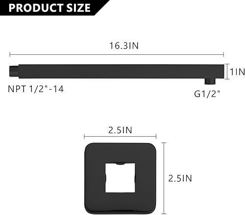 Miniatura 3 de Voolan Brazo de ducha cuadrado de 16 pulgadas con brida y cinta de teflón, brazo de extensión para cabezal de ducha fijo de baño, acero inoxidable