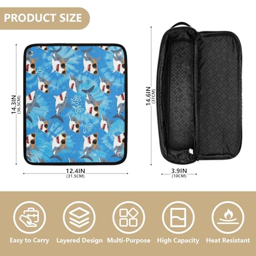 Bolsa de viaje para herramientas capilares con tapete resistente al calor para plancha y rizador, organizador portátil patrón tiburones con gafas de sol miniatura 4