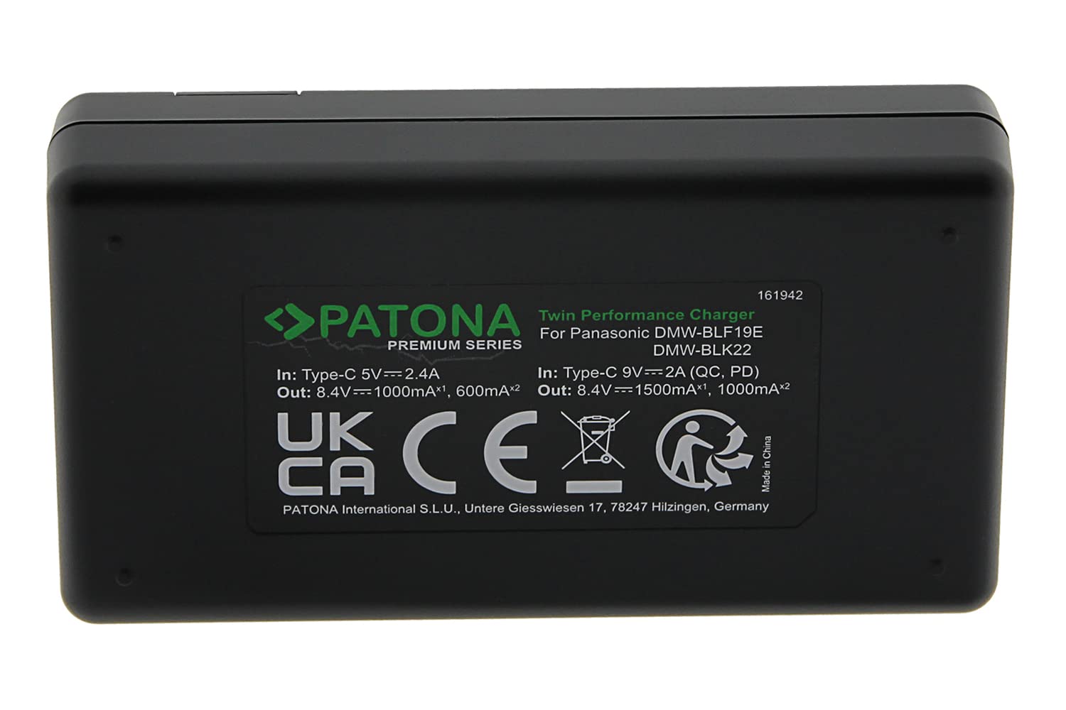 PATONA DMW BLK22 BLF19 Premium Cargador de Batería PD-Performance (1500mA), USB-C Dual LCD PD/QC Capable, Carga rápida con Adaptador de 20W+ Compatible con Panasonic Lumix DC S9 S5 G9 GH5 GH6 GH7