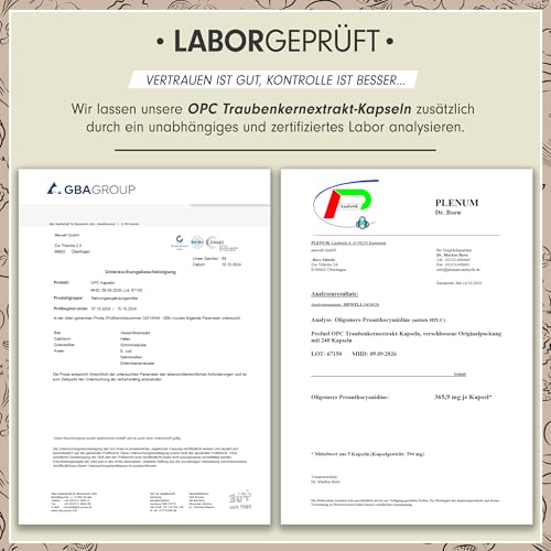 OPC Traubenkernextrakt - 240 OPC Kapseln mit 75% reinem O.P.C. je Kapsel - laborgeprüft (HPLC-Methode) mit Zertifikat: Echte 75% O.P.C.-Gehalt - 500 mg Traubenkernextrakt je Kapsel - 100% vegan 5