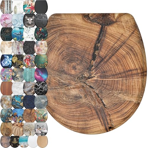 Image of Sanilo Wooden Toilet Seat with Quick Release & Soft Close [ROUND] - Decorative & Slow Close Molded Wood Seat - With One Click for Easy Installation & Cleaning - With Adjustable Fit (Old Tree)