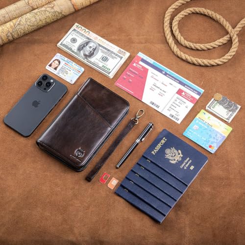 Image of Passport Holder for Travel Family with Strap Genuine Leather RFID Blocking Travel Document Organizer Wallet with Pen Holder, Antiqued