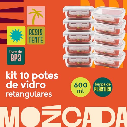 Mozcada - Kit 10 Potes de Vidro 600ml Hermético Marmita com Trava Retangular