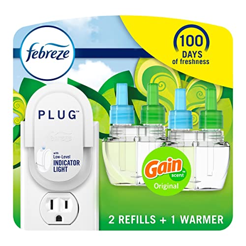 Febreze Plug In Air Freshener, Odor-Fighting Scented Oil Starter Kit, Air Fresheners for Home and Bathroom and Kitchen, Long Lasting for Strong Odors, Gain Original Scent, Warmer + 2 Refill
