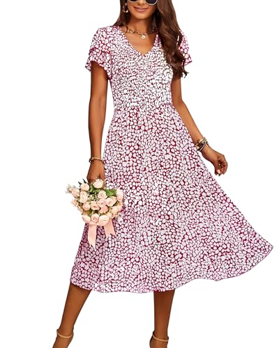 BTFBM Vestido Largo Casual de Verano para Mujer, con Volantes, Manga escalonada, Fruncido, Bohemio, Floral, Cuello en V, para invitada de Boda, Floral Vino Rojo, XL