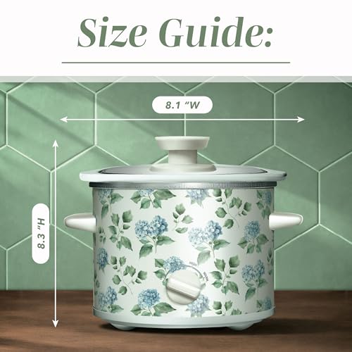 Image of COOK WITH COLOR 2QT Mini Electric Round Slow Cooker - Adjustable Settings, Removable Stoneware Pot, Tempered Glass Lid, Dishwasher Safe, Cool-Touch Side Handles, Floral Blue /Green