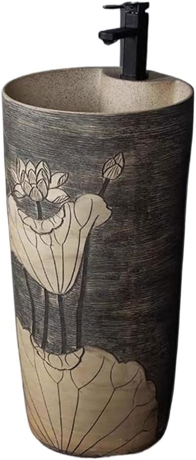 Bathroom Countertop Vessel Sink Corridor Ceramic Pedestal Basin Retro Wash Bathroom Integrated Floor-standing Home Pedestal Sink Vanity