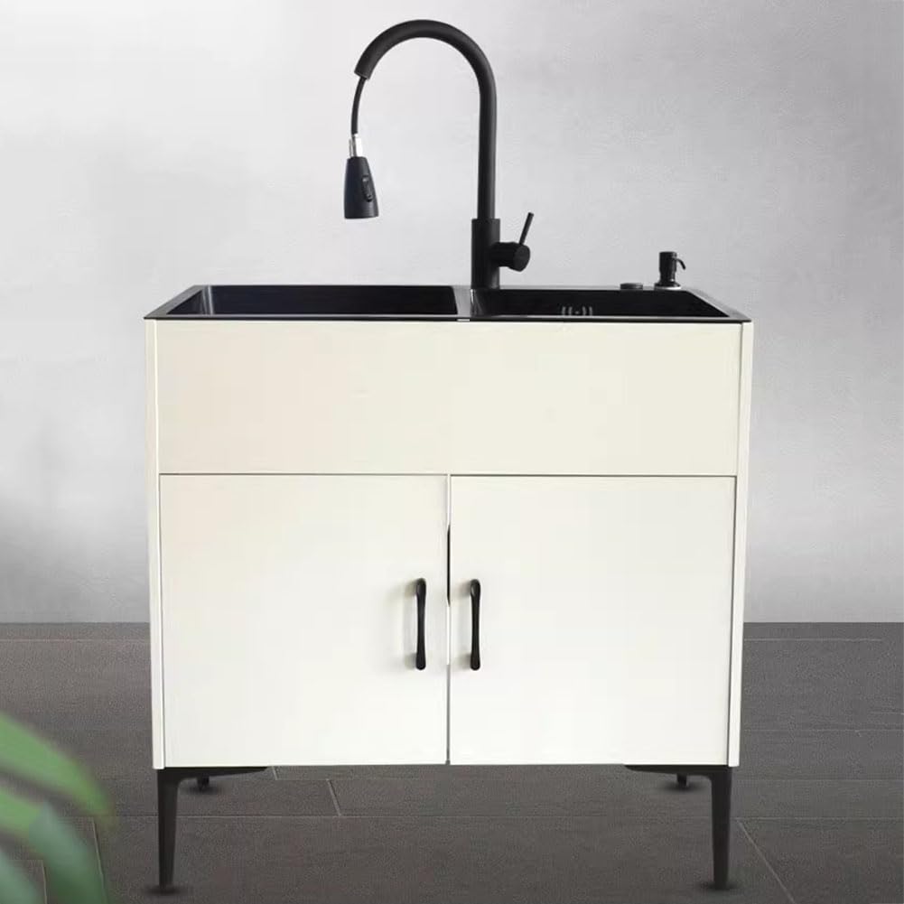 Double Bowl Stainless Steel Kitchen Sink Cabinet, Laundry Sink with Cold and Hot Faucet and V-Shaped Drainpipe for Garage, Commercial, Restaurant, Laundry Room
