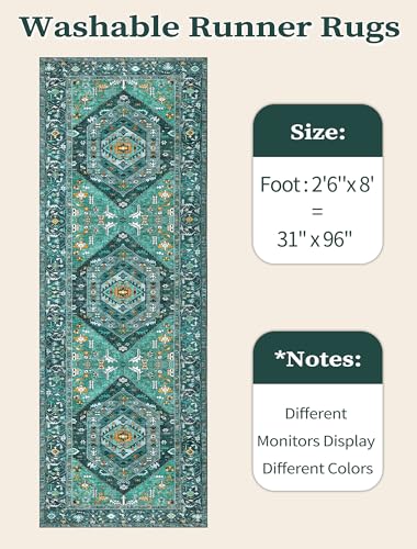 SERISSA Boho Washable Runner Rug, 2'6"x8' Rug Runner Non-Slip Vintage Teal Hallway Kitchen Runner Rug Ultra Soft Print Distressed Tribal Floor Carpet Runner for Bedroom Bathroom Laundry Room