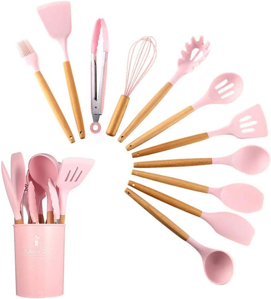U-HOOME 11 Pcs Silicone Kitchen Utensils Set with Holder, Cooking Utensil Sets Spatula Turner Heat Resistant Tool Gadgets with Wooden Handle for Nonstick Cookware,Pink