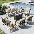 MFSTUDIO Patio Furniture Sets with 45" Gas Fire Pit Table, 8 Pieces Outdoor Metal Conversation Sets with 1 x 3-Seat Sofa, 2 Single Chairs, 2 Swivel Chairs and 2 Ottomans, Beige Cushion
