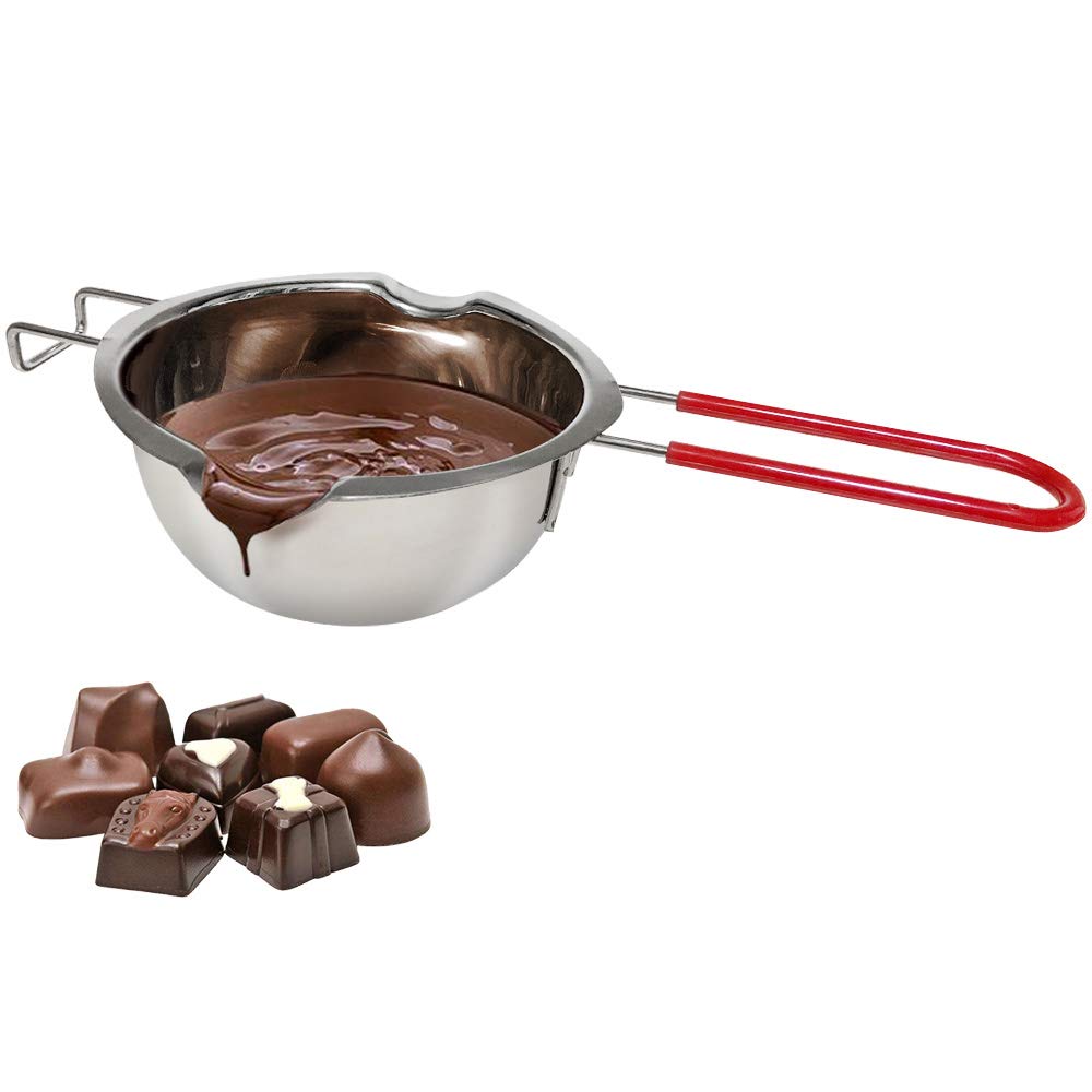 Chocolate Melting Pot 12oz(400ml),18/8 Stainless Steel Double Boiler Spouts and spoon,Heat-Resistant Handle,Flat Bottom,Butter Chocolate Cheese Caramel Soap Candle Making Wax Melting