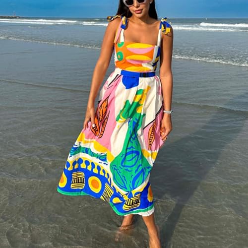 Image of Women Y2k Boho Maxi Dress Tie Shoulder Backless Strappy Tiered Flowy Dress 2024 Summer Floral Beach Sundress
