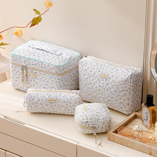 HBselect 4pcs Cotton Quilted Coquette Kawaii Floral Makeup Bag Aesthetic Cute Toiletry Bag Large Travel Cosmetic Coin Purse for Women Girls3