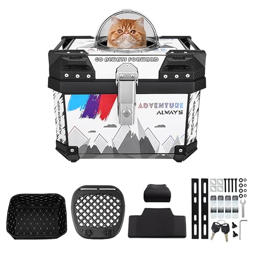 QIYAONUOバイクリアボックス 36L/45L/57L 大容量 ペット専用トップケース 取り付けベース付き 着脱も簡単 旅行 キャンプ ペットクレート 防水バイク用リアボックス バックレスト付き ハード クレート (45L-マウンテン(ホワイト))