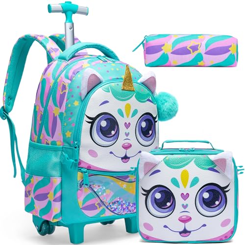 Mochila com rodas para meninas Mochilas com rodas para meninas Mochilas com lancheira para alunos do ensino fundamental 3 em 1 Mala de viagem de viagem com panda fofo para meninas de 8 a 10 anos