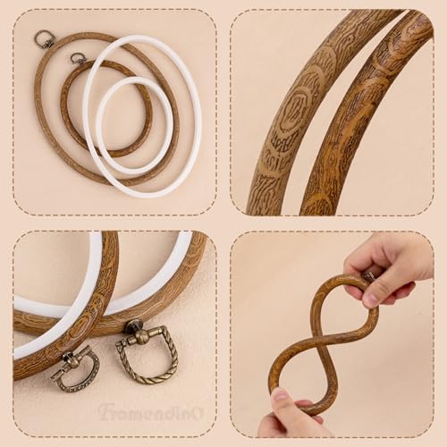 Image of Framendino, 5 Pack Embroidery Hoops 5 Sizes Imitated Wood Display Frame Oval Cross Stitch Ring for Hanging Ornaments