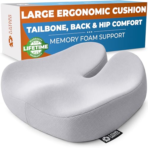 Image of 5 STARS UNITED Seat Cushion - Memory Foam Chair Cushion for Tailbone Pain Relief - Ergonomic Support for Coccyx, Sciatica & Butt - Office, Desk & Gaming Chair, Car Seat, Wheelchair, Light Gray Mesh