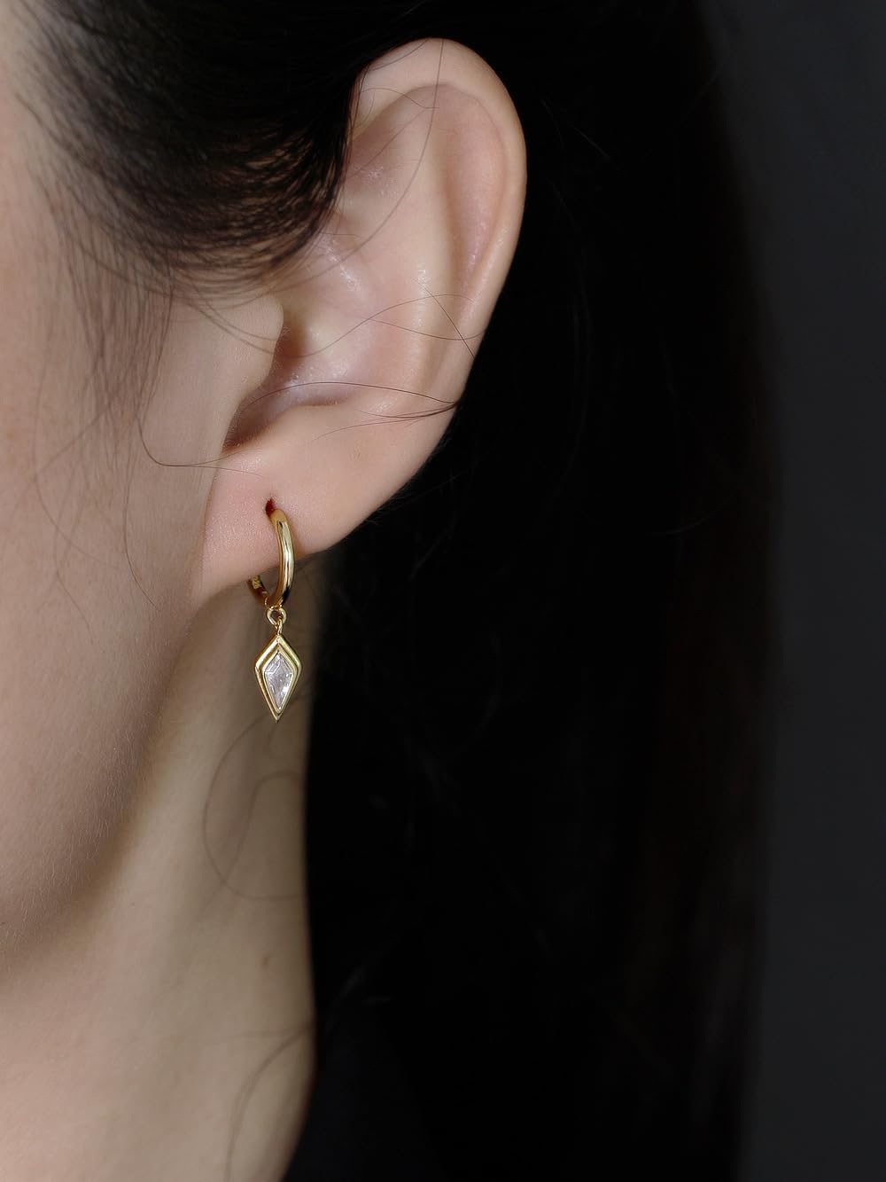 Dainty Dangle Hoop Earrings with Baguette CZ for Women Girls, Sterling Silver Small Huggie Earring with Cubic Zirconia Charm - Image 2