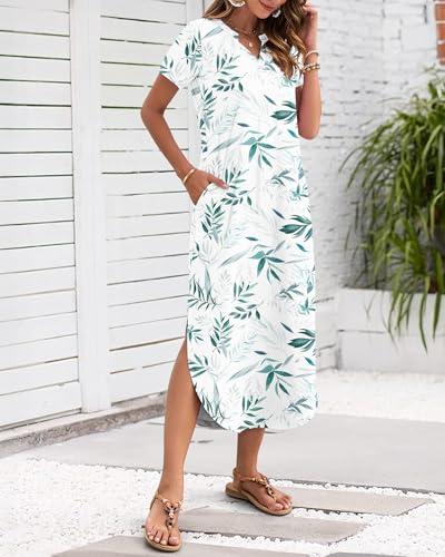 Image of MISFAY Women's Summer Maxi Dress 2026 Casual Short Sleeves V Neck Loose Sundress Split Long Beach T Shirt Dress