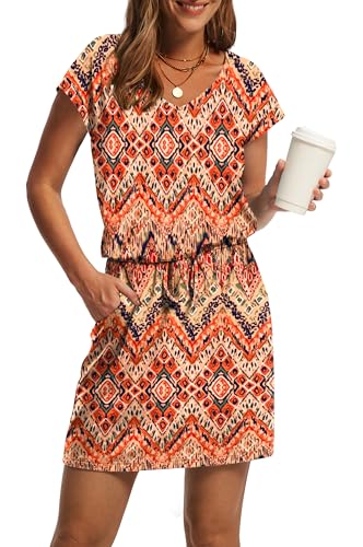 Image of OFEEFAN Summer Dresses for Women 2026 V Neck T Shirt Casual Mini Dresses Tie Waist Sundresses with Pockets