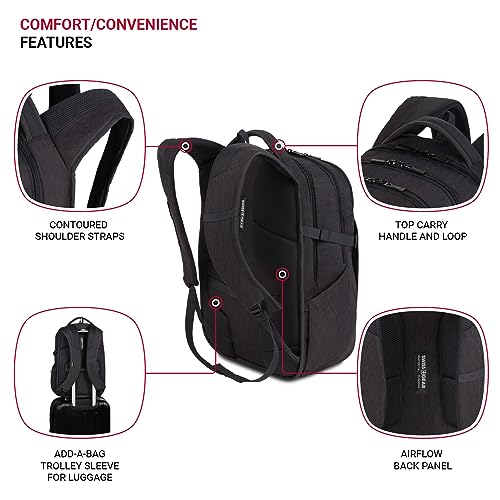 SwissGear VersaMax Laptop Backpack, Laptop Bag Fits Most 16-Inch Laptops, Commuter Friendly Trolley Sleeve, Ideal for Work, Travel or School - Charcoal Heather (18-Inch) - Image 2