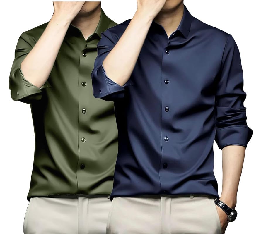 Image of DEELMO Combo of Men's Stylish Solid Satin Casual Shirt for Men Full Sleeves| Poly Satin Silk Shirt Pack of 2
