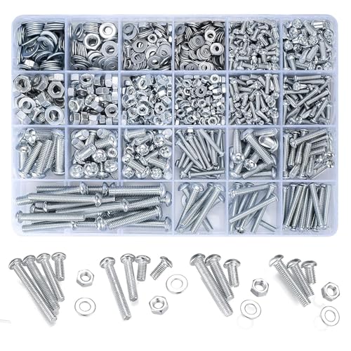 1080 Piezas Tornillos, Tuercas y Arandelas, M3 M4 M5 M6 Tornillos Tuercas Surtido para Fijación de Bricolaje trabajos en madera, construcción, muebles, automóviles, etc.