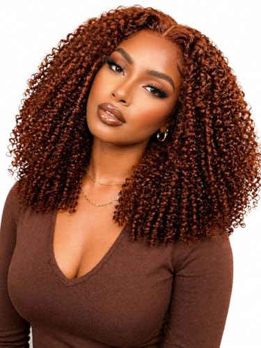 Beauty Forever Afro Kinky Curly Wig Human Hair Glueless No Slip – Reddish Brown 13x4 HD Lace Front Wig, Pre Cut Pre Plucked, Wear & Go Drawstring Wig for Beginners, 180% Density 16 Inch
