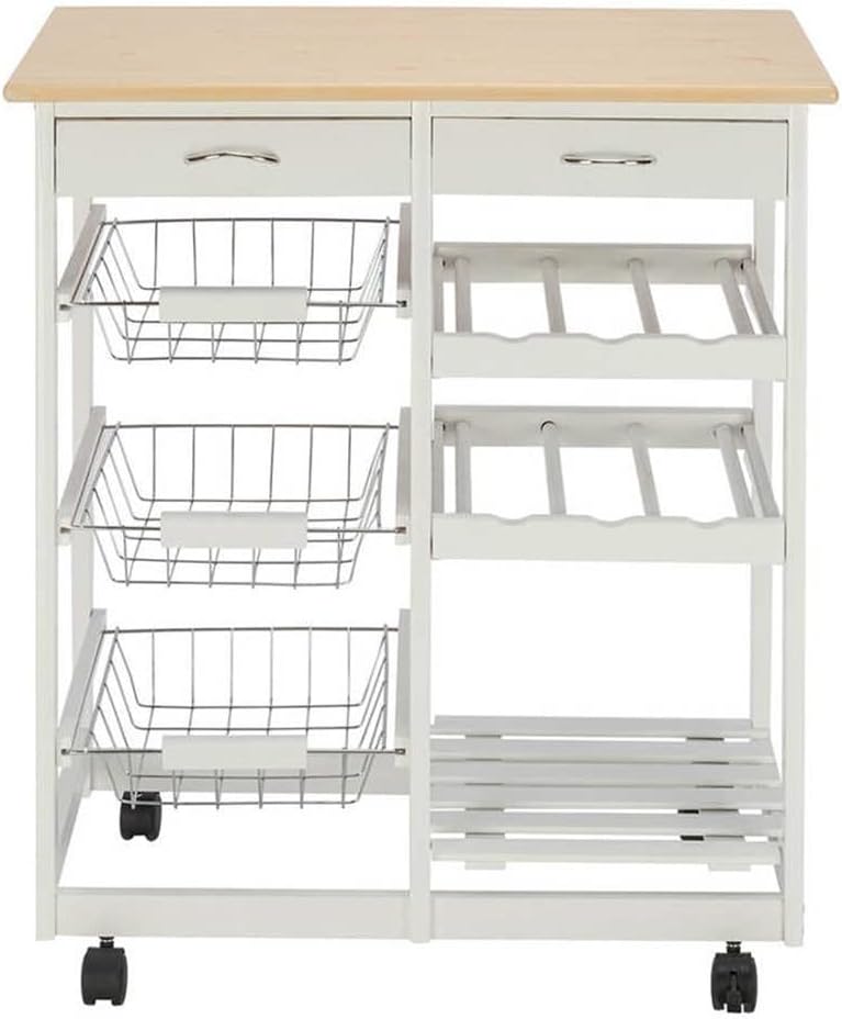 Moveable Kitchen Cart with Two Drawers & Wine Racks & Three Baskets White with Trolley Dining