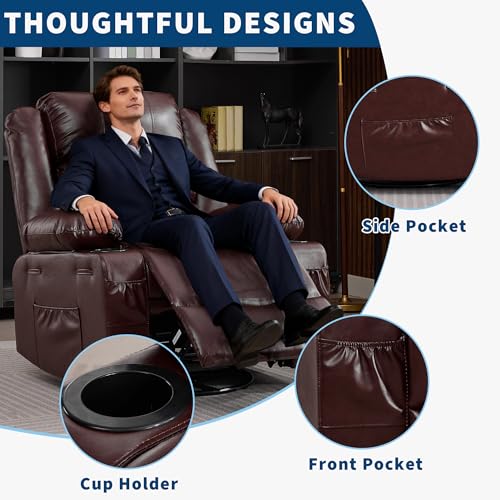 Image of Rocking Recliner Chair for Adults Manual Swivel Recliner Rocker with Cup Holders Leather Upholstered Comfy Single Sofa Chair for Living Room Bedroom Nursery Coffee-Colored