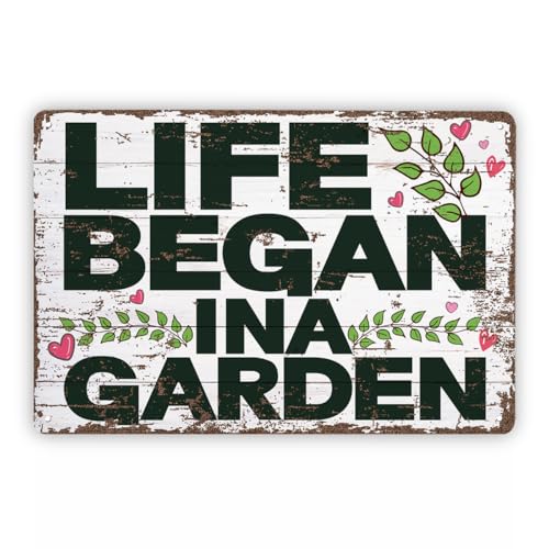 Gardening Decor, Life Began in A Garden Sign, Decorative Wooden Wall Plaque, Farmhouse Home Cottage Decors, Garden Yard Balcony Decor, Gardener Gift, Vintage Metal Tin Signs 11.8 * 7.9inches