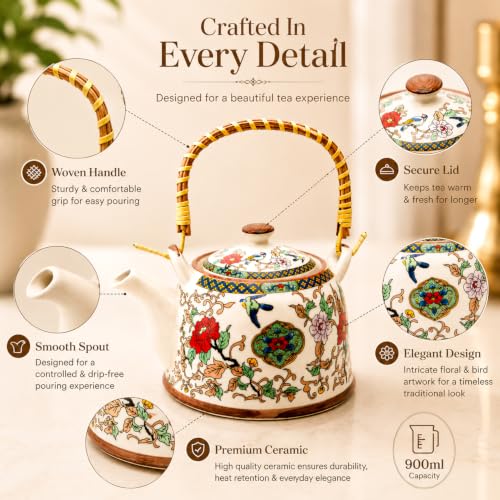 Image of MARKET 99 Japanese Design Ceramic Tea Pot, 900ml, High-Fired Tea Kettle for Loose Leaf, Green, Herbal & Flower Tea, Elegant Tea Maker for Home, Kitchen, Dining & Gifting