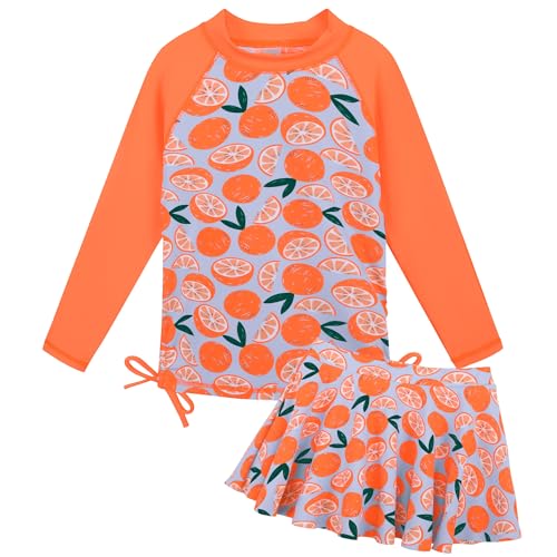 BAOHULU Girls 2-Piece Rash Guard Swimsuit Long Sleeve Bathing Suit with Swim Skirt UPF50+ Kids Beach Swimwear 2-12Y