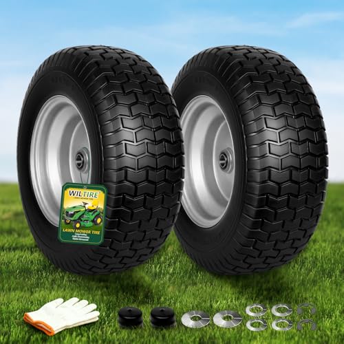 Wiltire 16x6.50-8 1 Inch Bearing Flat Free Lawn Mower Tires and Wheels (2 Pack) - Anti-Dry Rot Turf Friendly 400 lbs Capacity