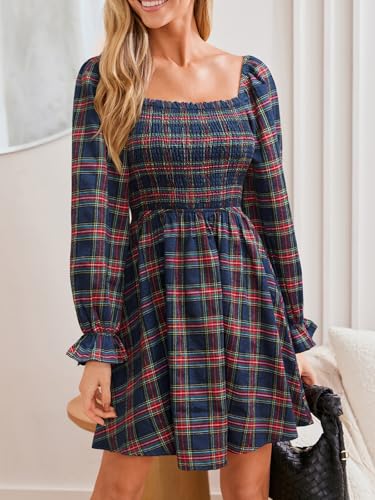 CUPSHE Women's Red Plaid Ruffle Cuff Fall Dress Square Neck Long Puff Sleeve Smocked Bodice Casual Mini Autumn Dresses3